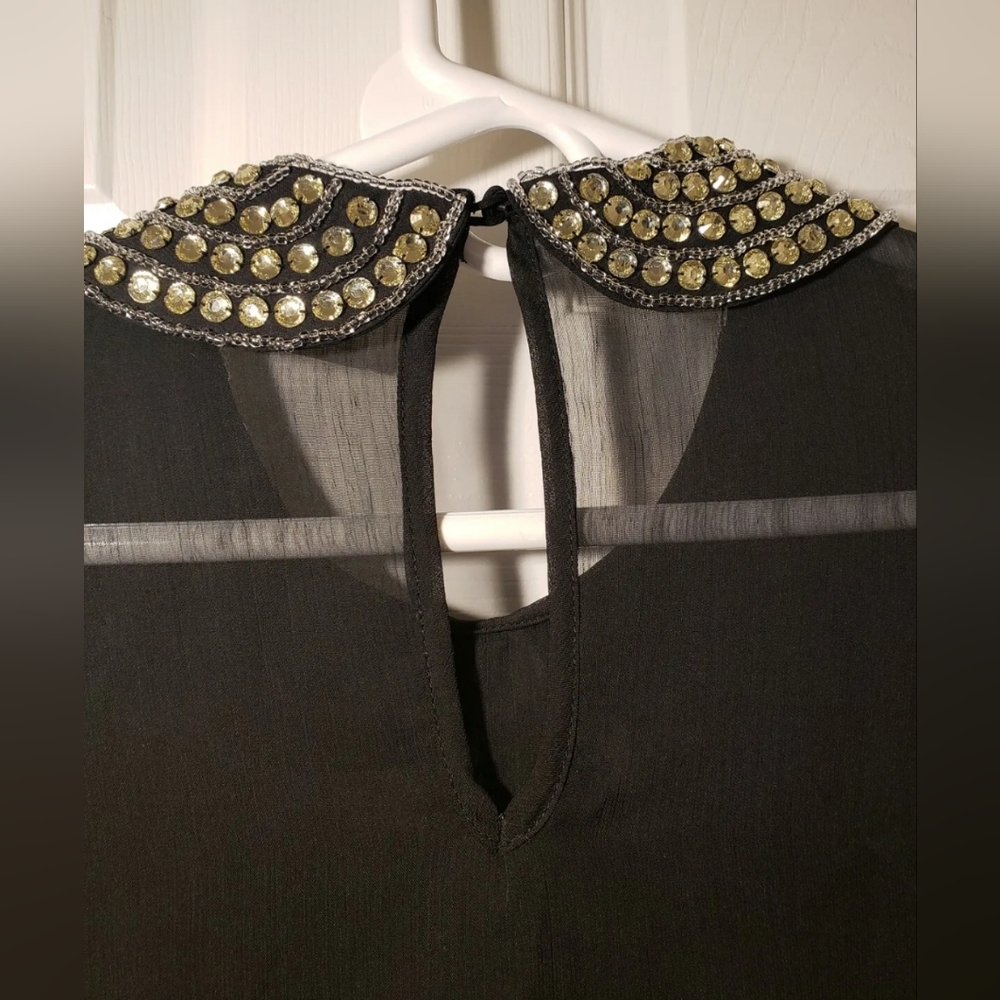 ❤️ CHARMING CHARLIE WOMEN'S SHEER BLACK BLOUSE WITH RHINESTONE COLLAR SIZE SMALL - Picture 9 of 12